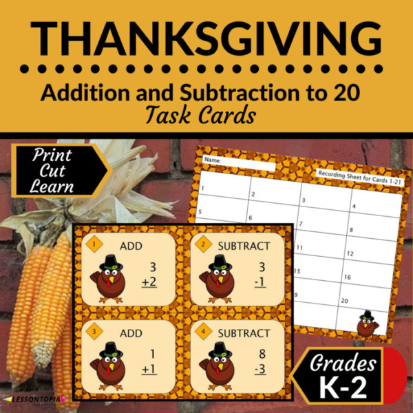 Addition and Subtraction Within 20 | Task Cards | Thanksgiving