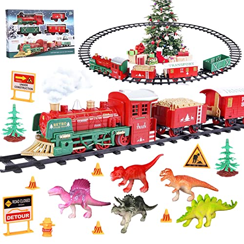 Christmas Train Set for Under/Around Christmas Tree,Electric Toy Train with Lights,Real Smoke,Sound,Include 4 Cars,10 Tracks,5 Dinosaurs, Battery Operated Holiday Train Xmas Gifts for Kids Boys Girls