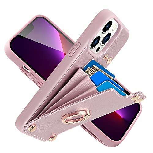 LAMEEKU Wallet Case Compatible with iPhone 13 Pro Max, Leather Case with Card Holder, 360°Rotation Ring Kickstand, RFID Blocking Protective Case Designed for Apple iPhone 13 Pro Max 6.7” Rose Gold