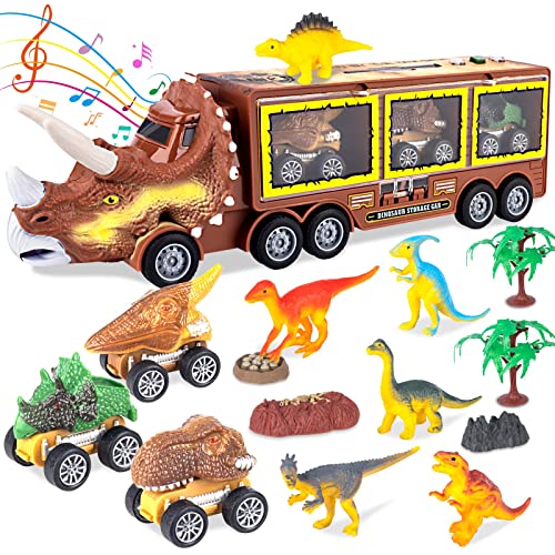 Dinosaur Toys Truck for Kids 3-5 with Flashing Lights and Music, 17 in 1 Dinosaur Toy Truck Include Pull Back Dinosaur Truck, Dinosaur Toys, Scene Accessories, Kids Toys for Boys and Girls