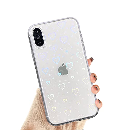 SmoBea Compatible with iPhone X Case, iPhone Xs Case, Laser Glitter Bling Heart Soft & Flexible TPU and Hard PC Shockproof Cover Women Girls Heart Pattern Phone Case (Rainbow Heart/Clear)
