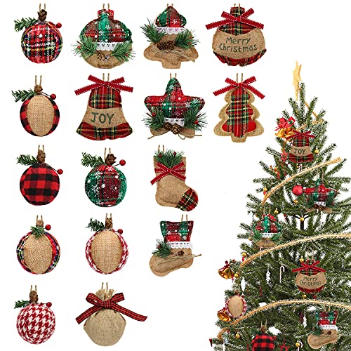 16 Pieces Rustic Christmas Tree Ornaments Set, Stockings Burlap Plaid Ball Ball Ornaments for Family Holiday Xmas Hanging Party