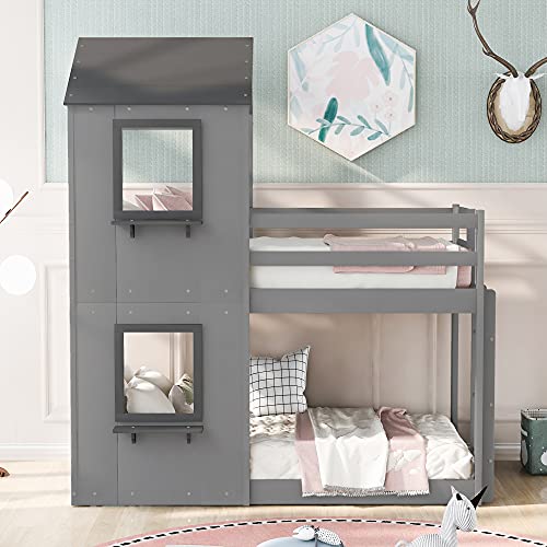 SOFTSEA Twin Over Twin Bunk Bed with Roof, Window and Full Length Guardrail,No Box Spring Needed (Gray)