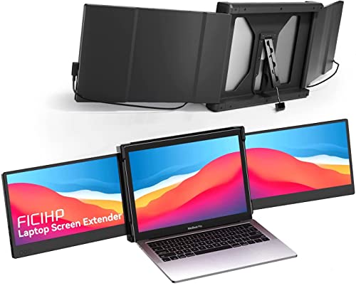FICIHP Triple Screen Laptop Monitor, 12’’ Portable Monitor for Laptop 1080P FHD IPS with Type-C/HDMI/USB-A, Plug-Play Laptop Screen Extender for 13-16″ Laptop Frame, Compatible with Mac/Android/Switch