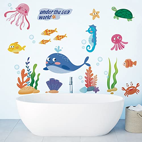 Runtoo Under The Sea Wall Stickers Whale Fish Jellyfish Wall Decals Bathroom Kids Bedroom Baby Nursery Wall Decor