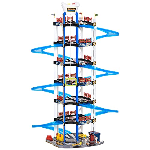 Qaba 7-Level Car Parking Garage Toy Dual Race Tracks Car Ramp Set Toddler Car Games 102 PCS w/ Electric Elevator Wash, Gas, Ejector & Car Repair Station Metal Cars for 3-6 Years Old