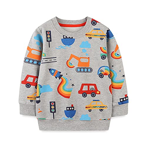 LittleSpring Toddler Boys Crewneck Long Sleeve Sweatshirt Pullover Cartoon Tops Car Gray 4T