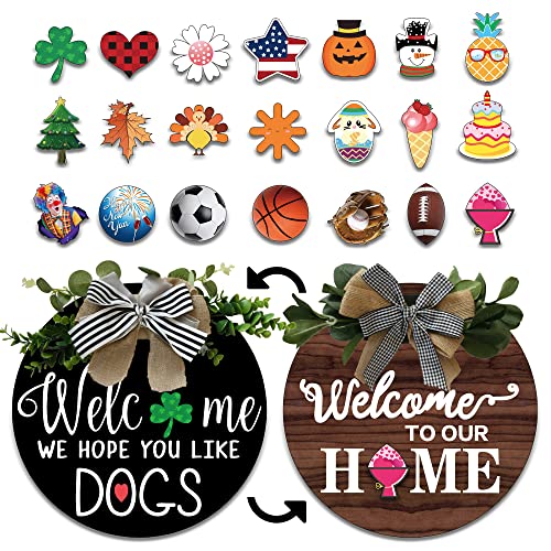 Welcome Sign for Front Door Decor,Welcome Sign with Different Designs on Both Sides for Fall Decor and Farmhouse Decor with 21 Interchangeable Seasonal Holiday Icons,Suitable for Celebrations of Various Holidays in all Seasons,Fun DIY Wood Door Decor for
