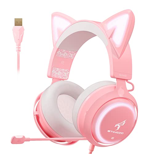EASARS Pink Gaming Headset, Cat Ear Headset, USB Headset with Retractable Mic, 7.1 Surround Sound, RGB Lights Headset for PC