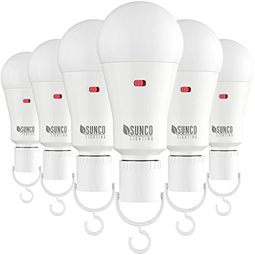 Sunco Lighting Rechargeable Emergency Light Bulbs for Power Outage, A21 LED Battery Backup Light Bulb with Hanging Hook 8W, 800 LM, 5000K Daylight E26 Base Indoor Outdoor Portable Flashlight 6 Pack