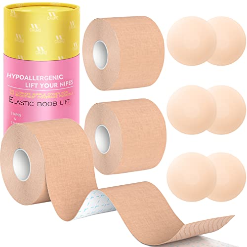 CAURO 3 Pcs Boob Tape for Contour Lift & Fashion, Boobytape Bra Alternative of Breasts, Body Bob Tape for Large Breasts & Push up in All Clothing Fabric Dress Types, Waterproof Sweat-proof Invisible