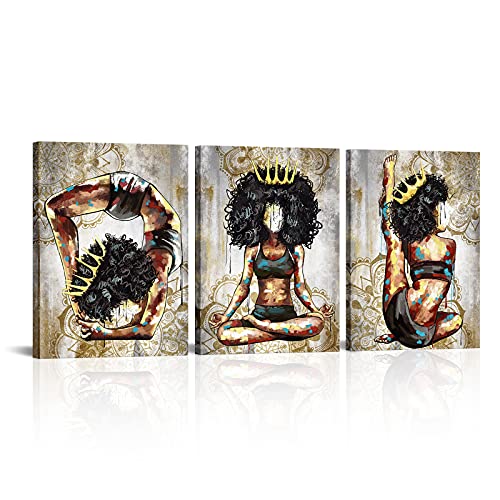 Black Girl Yoga Sport Wall Art – Fashion African American Women Gold Crown Prints Bohemian Mandala Pattern Canvas Pictures For Bedroom Gymyoga Room Decor