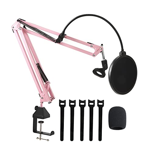 Microphone Stand, Cicano Mic Boom Arm Suspension Scissor with Shock Mount, Mic Clip Holder Upgraded Desk Clamp for Blue Yeti Snowball Ice and Other Mics Pink
