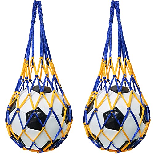 LUORNG 2Pcs Football Accessories Basketball Mesh Net Bag Single Ball Carrier for Volleyball Soccer Basketball Blue Yellow