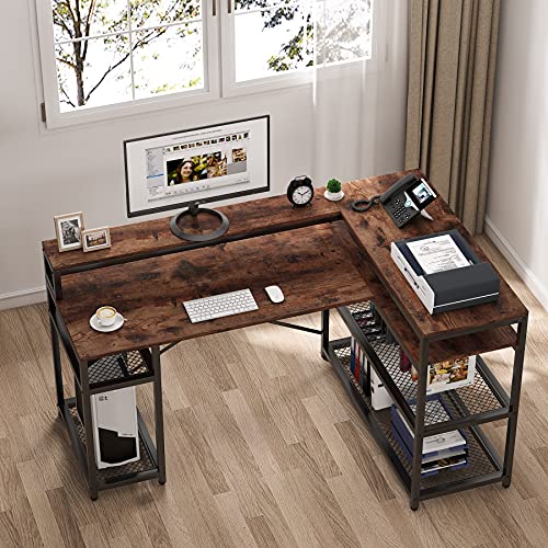 Tribesigns L Shaped Desk, Computer Desk with Monitor Stand, Industrial Home Office Study Writing Table with Storage Shelf