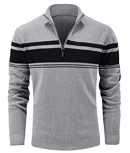 Fall Sweaters for Men Turtleneck Shirts Men Knitted Longsleeve Slim Fit Sweaters Multi-Color Striped Tops Winter Thermal Sweater Polo Zip Up Sweater Light Grey
