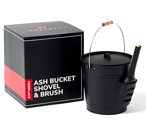 Noxvoya Metal Ash Bucket with Lid and Shovel, Brush, Black – Heavy-Duty, Modern Coal Bucket with Fireplace Scoop for Indoor Fireplaces, Outdoor Fire Pits, Grill – Premium, Compact Fireplace Tools