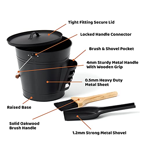 Noxvoya Metal Ash Bucket with Lid and Shovel, Brush, Black – Heavy-Duty, Modern Coal Bucket with Fireplace Scoop for Indoor Fireplaces, Outdoor Fire Pits, Grill – Premium, Compact Fireplace Tools | The Storepaperoomates Retail Market - Fast Affordable Shopping