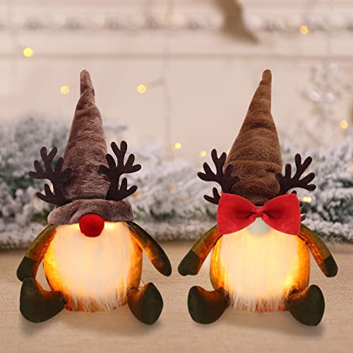 Christmas Gnomes with Light Rudolph Red Nose Gnomes Couple Plush Reindeer Decorations Winter Holiday Elf Scandinavian Collectible Figurines Handmade Swedish Tomte Xmas Ornaments Gift Idea Set of 2