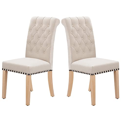 GATOSIG Accent Chairs Set of 2, Upholstered Dining Chair with Brass Nail Surrounding Seat Cushion, Tufted Dining Chairs for Dining Room, Kitchen and Waiting Room Chairs(Beige)