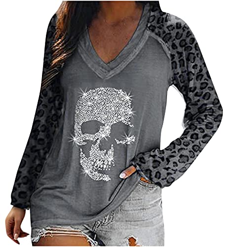FUleyMvid Halloween Women Leopard Printed Tops Retro Skull Graphic Diamond Shirt Casual Long Sleeve V-Neck Sweatshirt Tunic Tees, Gray, XX-Large