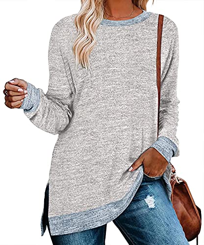 WELINCO Women’s Long Sleeve Loose Casual Fall Pullover Side Split Tunic Tops Grey Large
