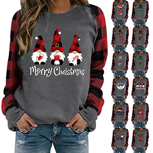 Coolbiz Christmas Shirts for Women Long Sleeve Pullover Tops Xmas Gnomes Reindeer Graphic Plaid Splicing Lightweight Sweatshirts