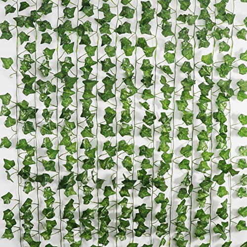 EZFLOWERY 12 Strands 84 Feet Artificial Ivy Vines Leaves, Silk Garland Fake Greenery Hanging Leaf Plants for Wedding, Wall Decor, Party, Room, Garden, Home Decor – Green