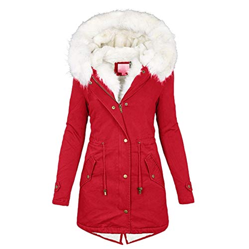LUGOGNE Womens Winter Coats Casual Warm Thick Jacket Big Fur Collar Zip Up Hoodie Padded Fleece Oversized Jackets Red