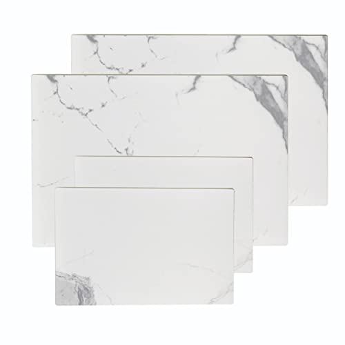 Murrey Home Tempered Glass Cutting Board Glaze Print Set of 4, Non Slip Glass Trays for Kitchen Countertop, White Marble, Scratch, Heat Resistant Glass Plate, Rectangle