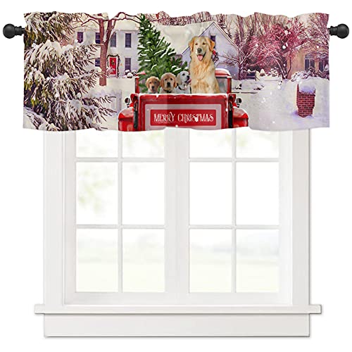 EZON-CH Valance Curtain Farmhouse Kitchen Window Valance for Living Room,Merry Christmas Red Truck Pull Golden Retriever,Valance for Bedroom Bathroom Decor Valance 18 Inch 1 Panel Rod Pocket…