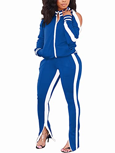 Bornpom Women Workout 2 Piece Tracksuit Contrast Color Front Zip Slit Sleeves Outwear Slit Pants Set Sweat Suit Blue L