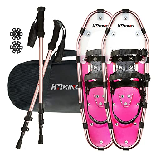 HRKING Lightweight Terrain Showshoes Set for Women Men and Kids, with Trekking Poles and Carrying Tote Bag, 14″/ 21″/ 25″/ 30″,Gold/ Pink Red/ Blue