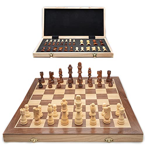 Omni Crest Supply Chess Set – Travel – 15 inch – Folding Wooden Chess Board Game – Quiet Padded Storage – All Ages – Gift Set – Play on The Road