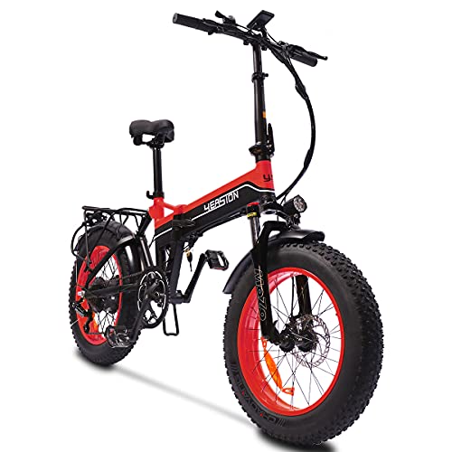 YEASION Beast 1000W Fat Tire Electric Bike for Adults 48V/14Ah Removable Battery 20“ 4.0 Folding Electric Bike Snow Beach Mountain Ebike for Women and Men Red Black