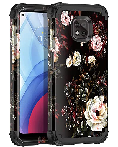 LONTECT for Moto G Power 2021 Case [Not Fit 2020] Floral Shockproof Heavy Duty 3 in 1 Hybrid Sturdy Protective Cover Case for Motorola Moto G Power 2021 6.6 inch, White Flower/Black