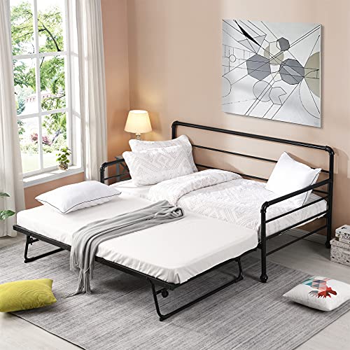 Bellemave Twin Size Metal Daybed with Adjustable Trundle, Heavy-Duty Steel Daybed with Pop Up Trundle, Black