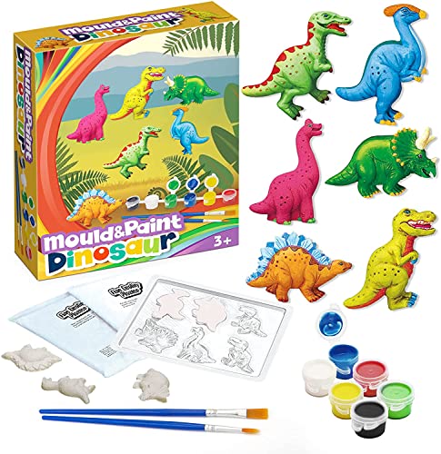 AVIASWIN Dinosaur Painting Kit for Kids, Arts and Crafts for Kids Ages 6-8, 8-12, 6 Dino Figurines Playset, Gifts for Boys and Girls, Blue, Red, Green, White, Black, Yellow
