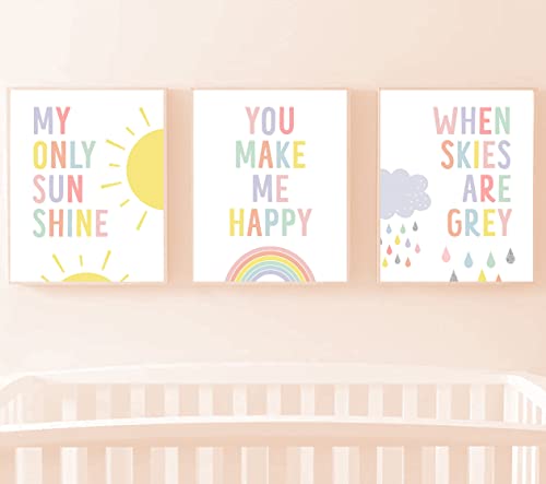 Baby Girl Nursery Decor – Unframed Set of 3 (8×10 Inch) My only Sunshine Nursery Posters, Rainbow Sun Cloud Pastel Wall Decor, Little Girls Room Prints, Nursery Wall Decor, Kids Room Decor, Nursery Poster for Girls