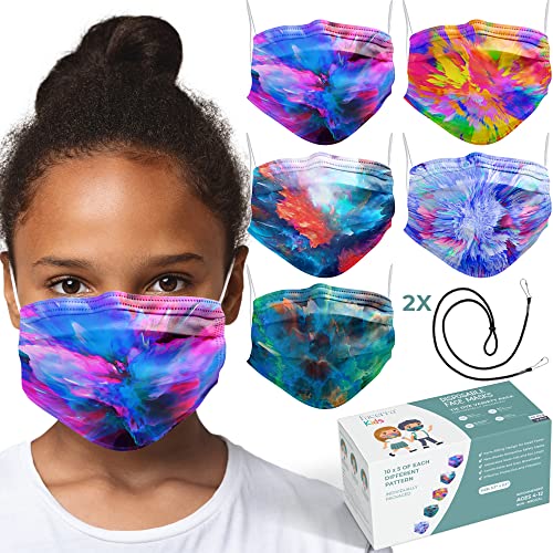 Disposable Kids Face Mask Individually Wrapped 3 Ply Pattern Masks – Tye-Dye Design – Children Boys Girls Daily Use – 50 Pack