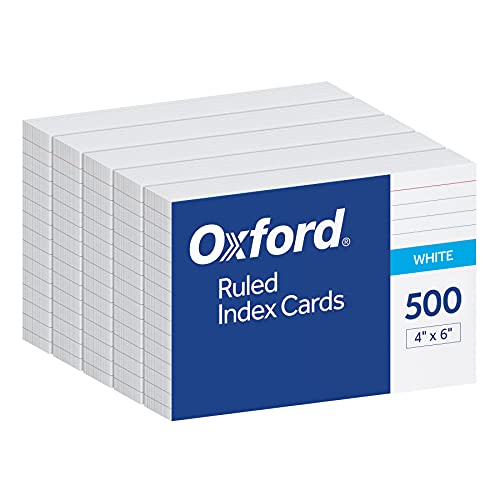 Oxford Index Cards, 500 Pack, 4×6 Index Cards, Ruled on Front, Blank on Back, White, 5 Packs of 100 Shrink Wrapped Cards (40178)