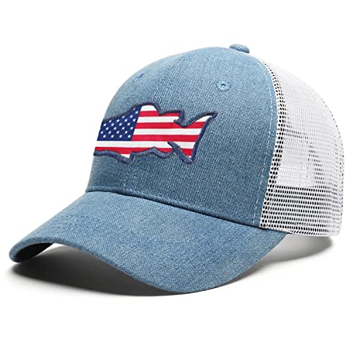 American Fish Flag Trucker Hat Embroidered Fishing Gifts Hat America-Flag-Fish- Cap Adjustable Dad Hat Baseball Cap for Outdoor Blue