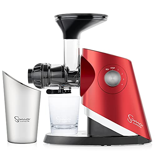 SANA 727 Supreme Low-Speed Masticating Juicer, 4 Speeds: 40 RPM to 120 RPM, 15-Year Warranty, Brushless DC Motor, Fruit, Vegetables and Leafy Greens Juicer, 132 Page Recipe Book, Red