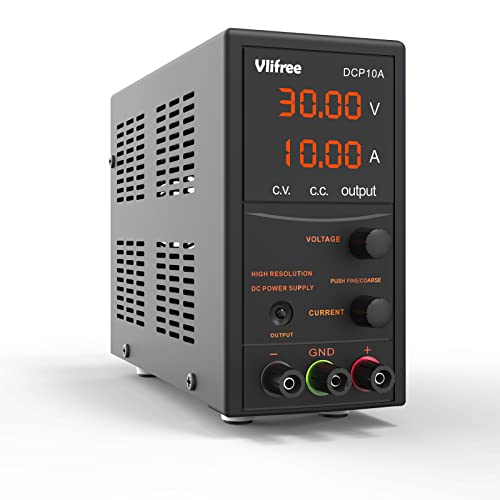 DC Power Supply Variable, Vlifree 30V 10A Adjustable Switching DC Bench Power Supply with 4-Digits LED Display, Data Hold, Coarse and Fine Adjustments(00.01V, 0.001A) with 110V/45.3in Alligator Leads