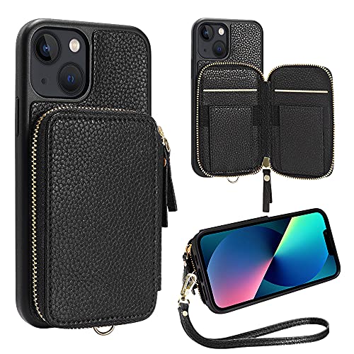 ZVE iPhone 13 Wallet Case with RFID Credit Cards Holder, Zipper Leather Case with Wrist Strap, Handbag Case Protective Cover for Women Compatible with iPhone 13 6.1″ (2021)- Black