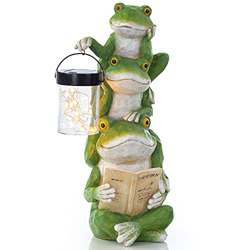 VP Home Storytime Frogs with Lantern Solar Powered LED Outdoor Decor Garden Light Frog Statue Solar Powered Garden Light Christmas Gifts for Outside Patio Lawn Ornament
