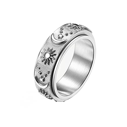 Nanafast Stainless Steel Spinner Ring for Anxiety Fidget Rings for Relieving Stress Anxiety Ring Sun Moon Stars Promise Engagement Ring Silver 9