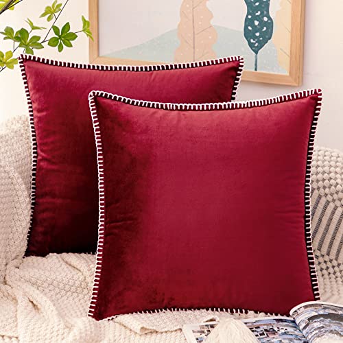 GAWAMAY Set of 2 Velvet Boho Pillow Covers 18×18 Inch Square Decorative Farmhouse Pillow Caces with Chenille Edge Couch Pillows for Living Room Sofa Bedroom Christmas Home Decor(45x45cm) Burgundy Red