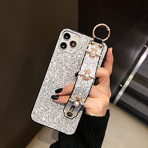 aowner Compatible with iPhone 13 Pro Max Bling Stand Holder Case Luxury Hand Strap Glitter Sparkle Diamond Bee Wrist Bracket Soft Flexible Shockproof for Woman Protective Cover Case, 6.7 Inch, Silver