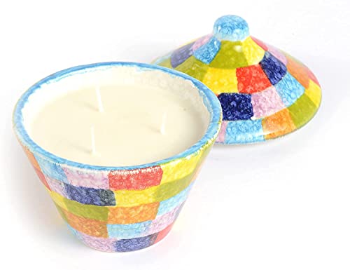 Handmade Italian 3 Wick Candle Scented Decorative Bowl w/ Lid (4.25”) – Hand Painted Soy Candle Wax Inspired by Modigliani POP Collection – 40 Hour Burn Long Burn Candle w/ Seaside Garden Scent